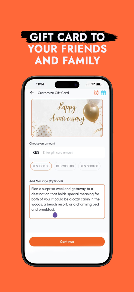 The Menu Hub - Tela do aplicativo The Menu Hub para personalizar e enviar vales-presente de comida para amigos e familiares.