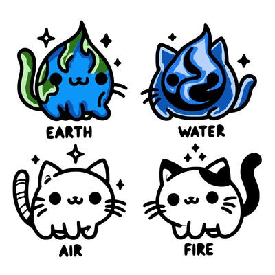 4 cats that represent the different elements, earth, water, air, and fire