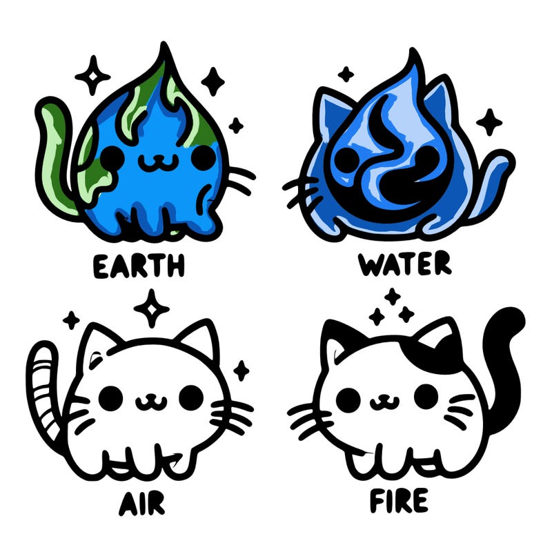 4 cats that represent the different elements, earth, water, air, and fire