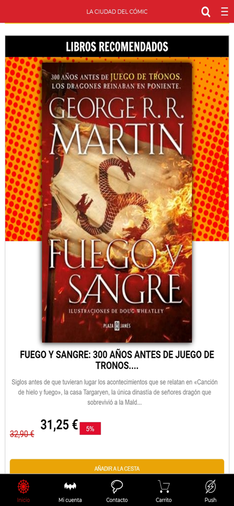 Tela do aplicativo móvel Akira Comics mostrando a listagem de um livro recomendado para Fogo e Sangue de George RR Martin em espanhol