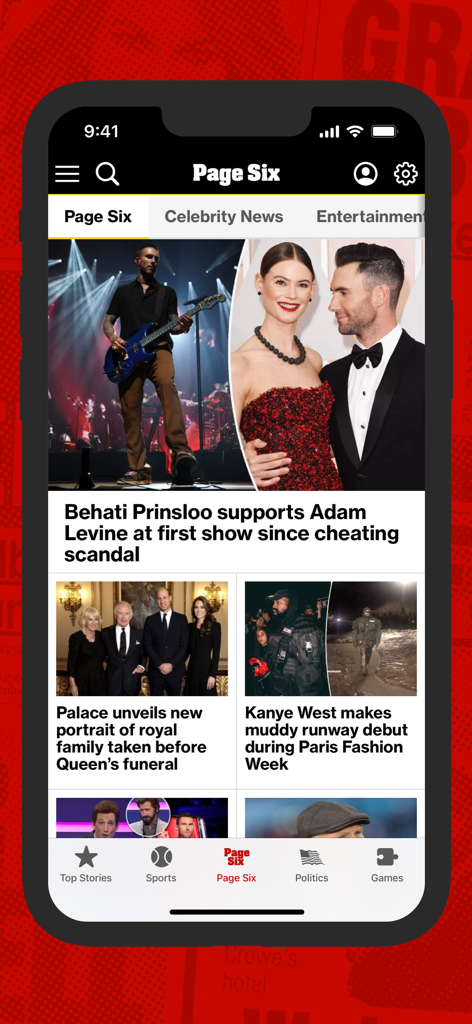 New York Post for iPhone - The Page Six section of the New York Post app displaying celebrity and entertainment news stories