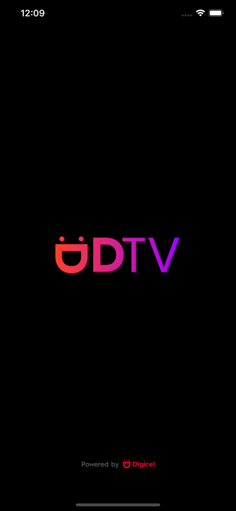 DigicelTV - Pantalla de inicio de DigicelTV con el colorido logo DTV y el texto Powered by Digicel sobre un fondo negro