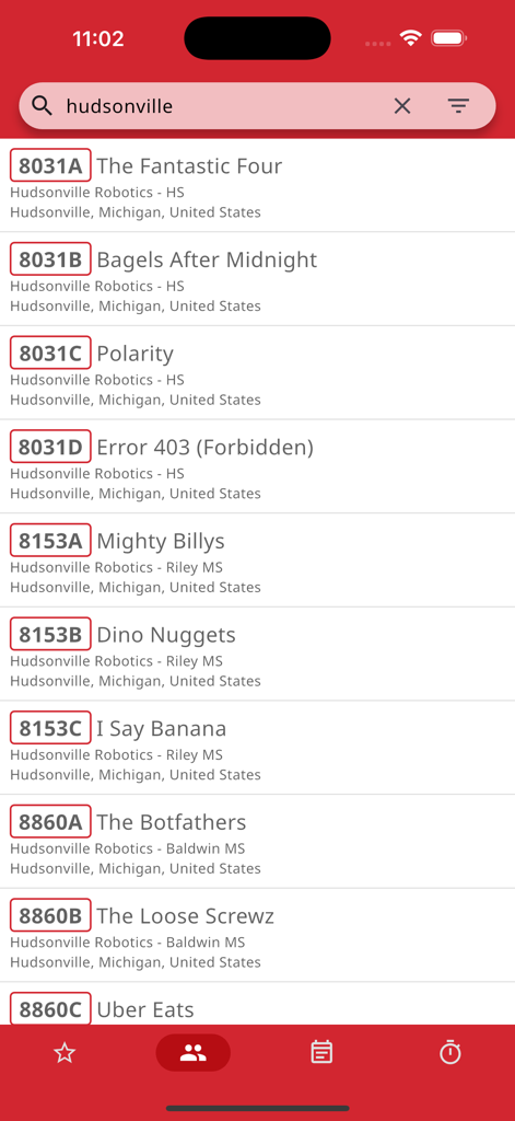 VEX via - Search results for robotics teams in the VEX via mobile app