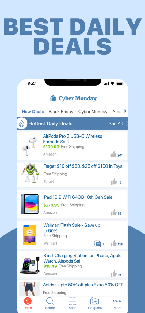 AmazonやTargetなどの大手小売店による電子機器や玩具の日替わりセールリストを表示するCyber Mondayアプリのインターフェース