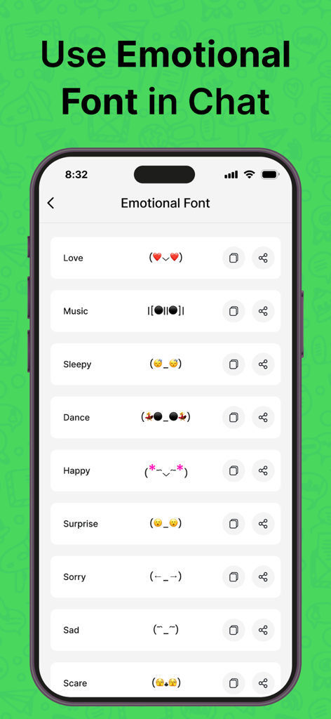 Dual Chat Web - Dual Account - Una pantalla que muestra varias fuentes de texto emocionales y emojis categorizados por estado de ánimo como amor, música y feliz
