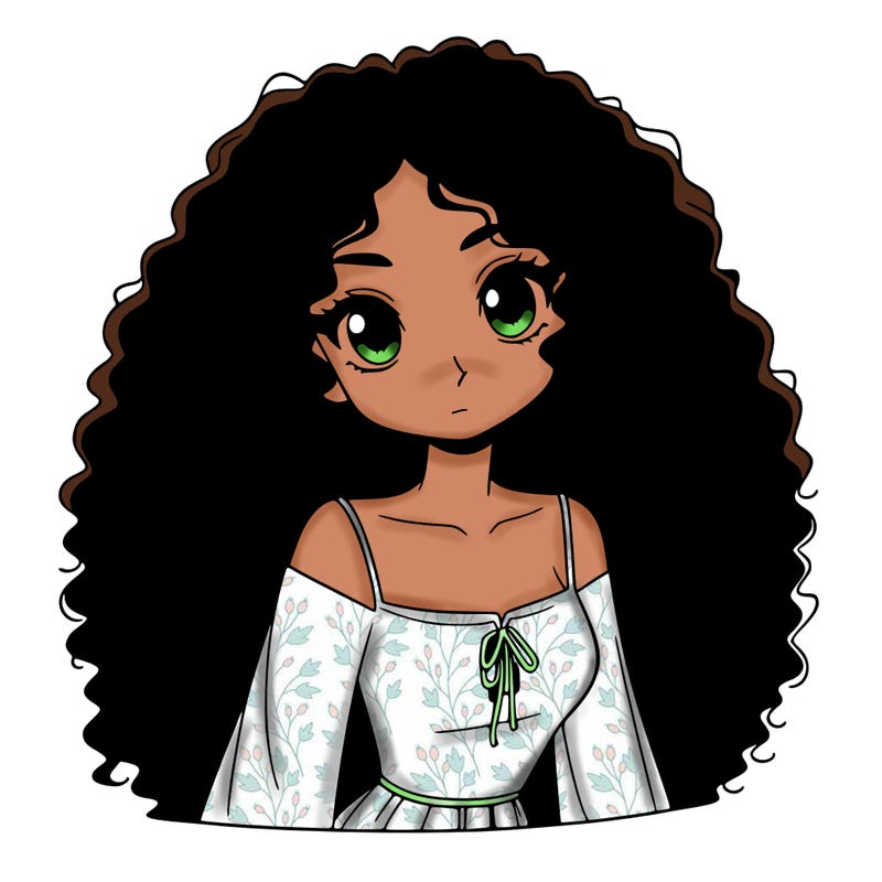 a black anime girl with long afro hair