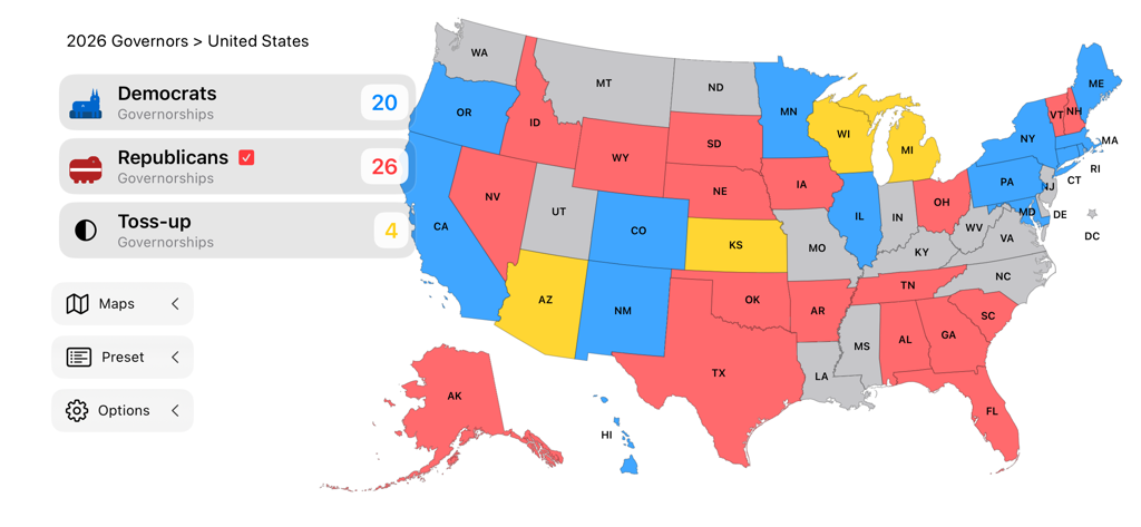 Interactive US map within the US Election Simulator app showing 2026 Governor election projections by state
