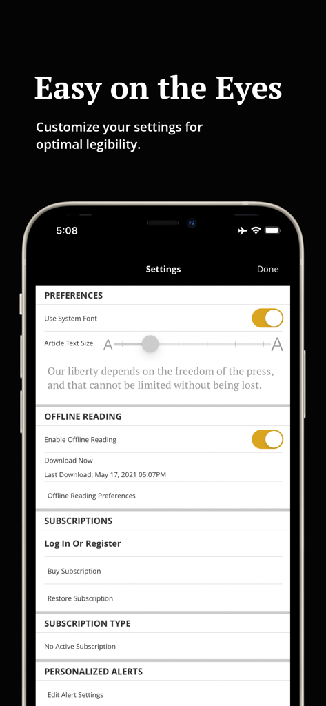 The Baltimore Sun - The Baltimore Sun app settings screen showing article text size adjustment and offline reading options