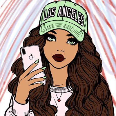 realistic beautiful girl wearing los ángeles cap holding an iphone