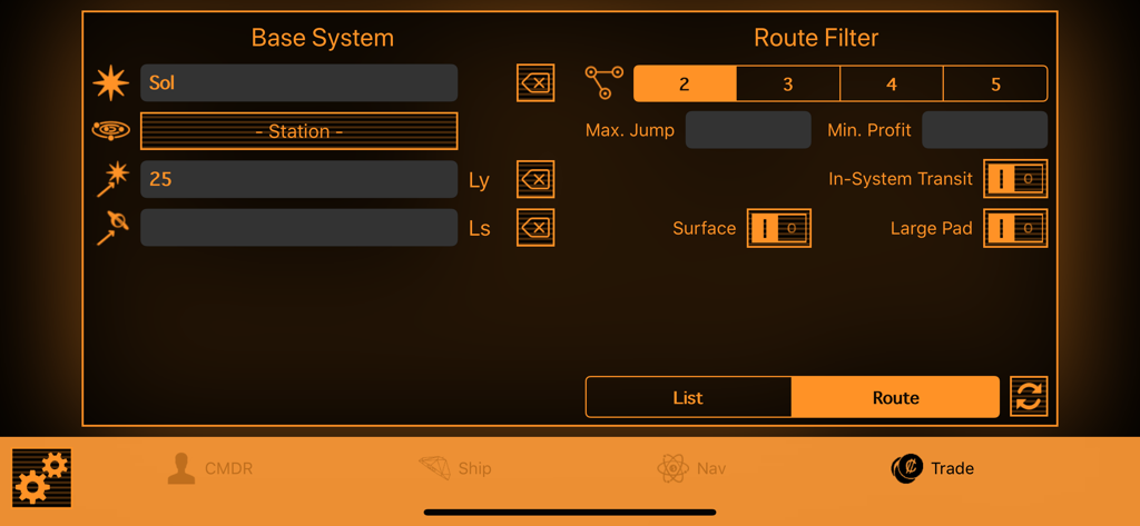 EVA - EVA app trade route filter interface with base system and jump settings for Elite Dangerous