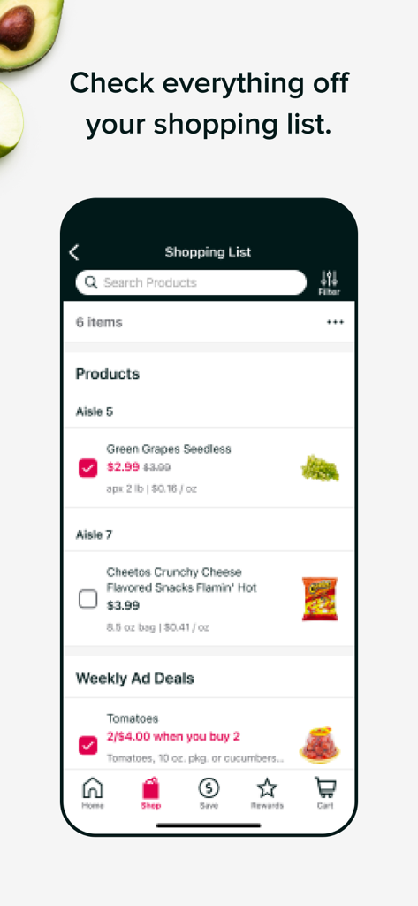 Stop & Shop - Stop and Shop mobile app displaying a grocery shopping list organized by store aisle