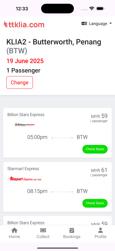 TTKLIA - TTKLIA app bus booking screen showing ticket options from KLIA2 to Butterworth Penang with prices and schedules.