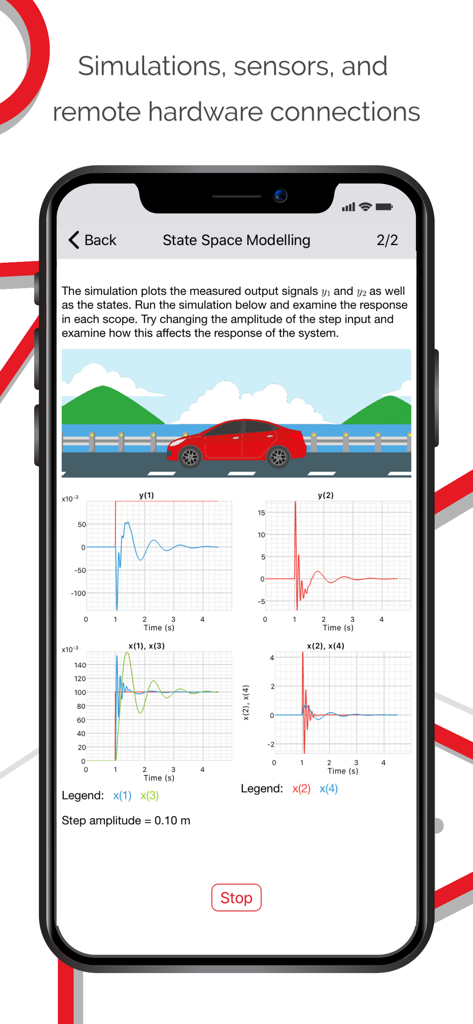 Interfaz de la aplicación Controles de Experiencia que muestra una simulación de modelado de espacio de estados con un coche rojo y gráficos de respuesta en tiempo real.