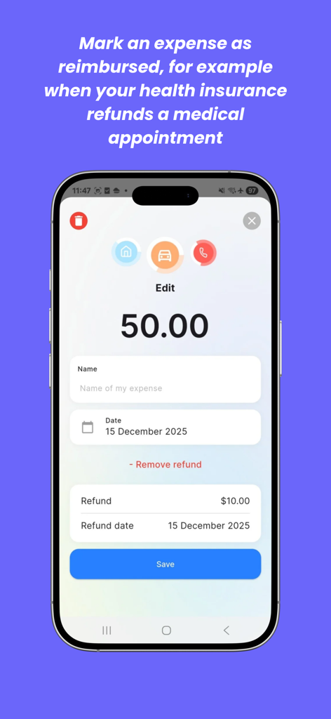 Finzee mobile app interface showing a feature to track expense reimbursements and partial refunds