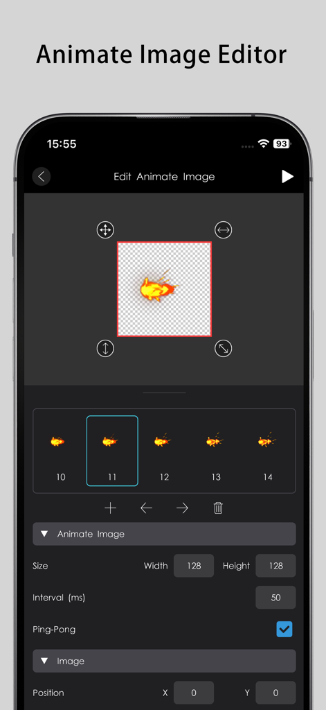 Game Maker Go - A screenshot showing the frame by frame animation editor in Game Maker Go with a fire sprite