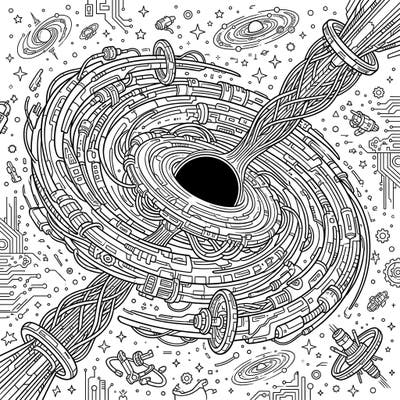 Dive into a breathtaking fusion of cosmic grandeur and futuristic technology with this unique coloring page. Unleash your creativity on an active galaxy reimagined with intricate cyberpunk wires and circuitry.