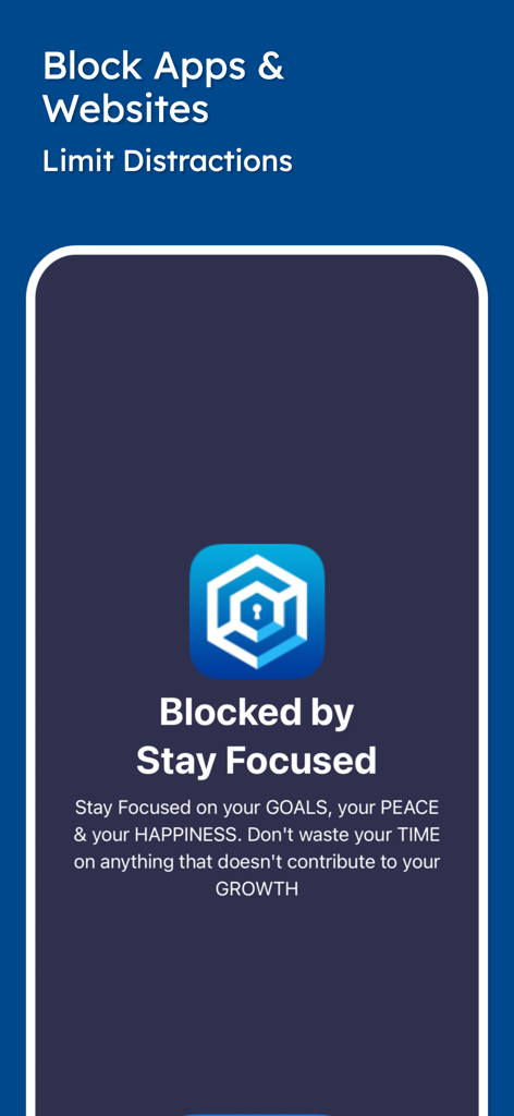 Stay Focused App/Site Blocker - Interfaz de la aplicación Stay Focused mostrando una notificación de pantalla bloqueada con un mensaje sobre centrarse en objetivos y crecimiento