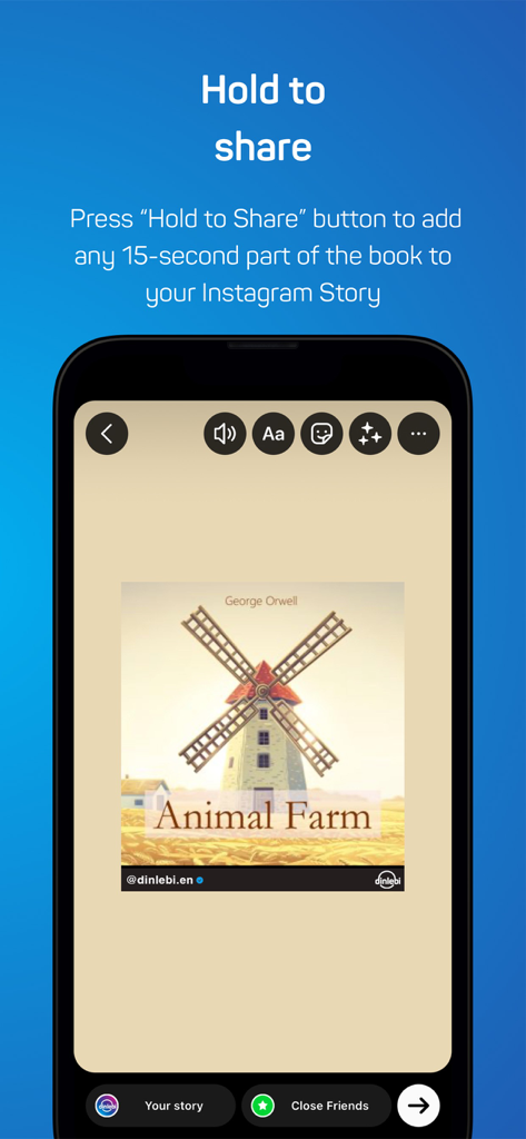 Dinlebi: Audiobook - Screenshot of Dinlebi app showing the hold to share feature for posting audiobook snippets to Instagram Stories