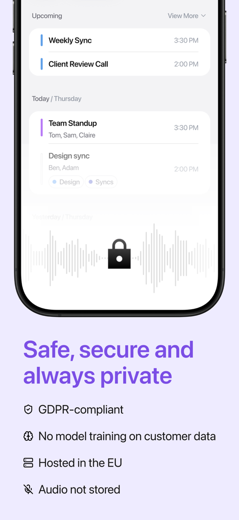 Jamie AI Note Taker app interface showing privacy and security standards like GDPR compliance and EU hosting.