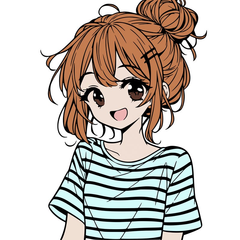 anime girl teenager striped shirt and smile and messy bun