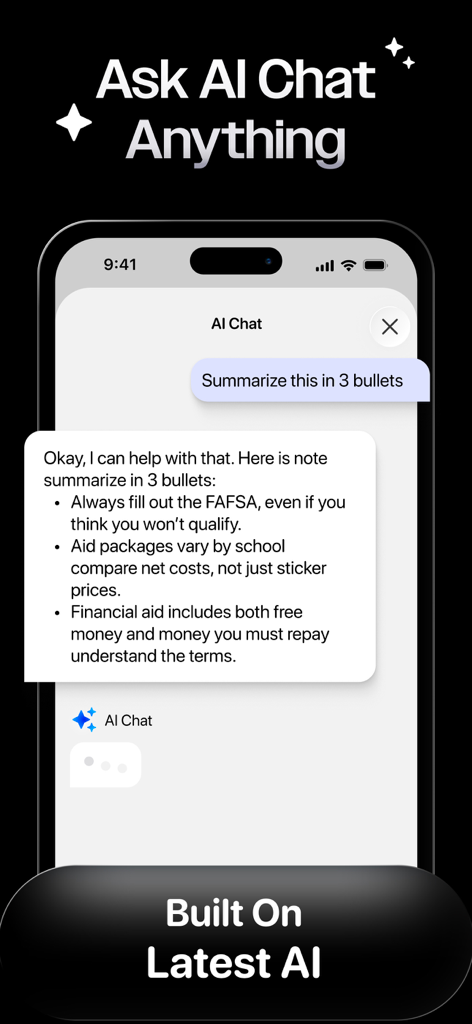 Interfaz de Chat de IA de la aplicación Noteleap AI que muestra una respuesta de resumen con viñetas
