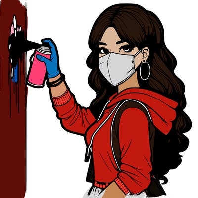 realistic girl with mask spray painting a wall