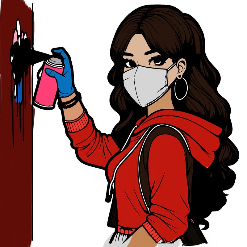 realistic girl with mask spray painting a wall