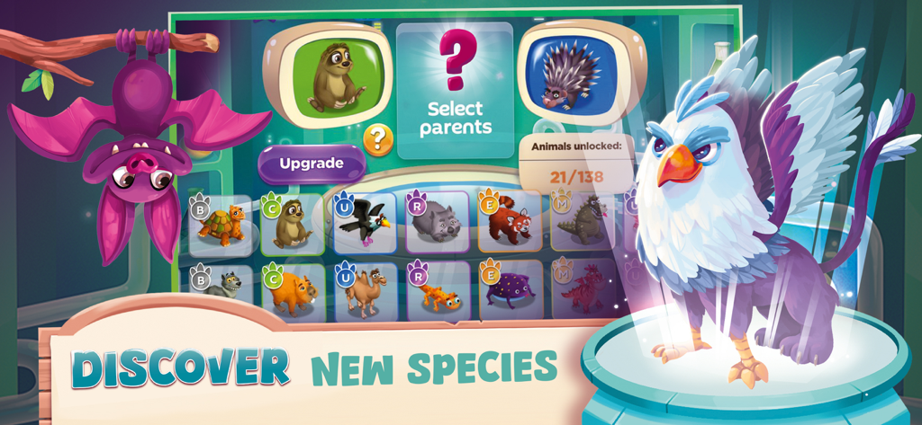 Zoo Craft - Animal Park Tycoon - Una pantalla colorida de Zoo Craft que muestra el laboratorio mágico donde los jugadores pueden criar animales para descubrir nuevas especies como un grifo.