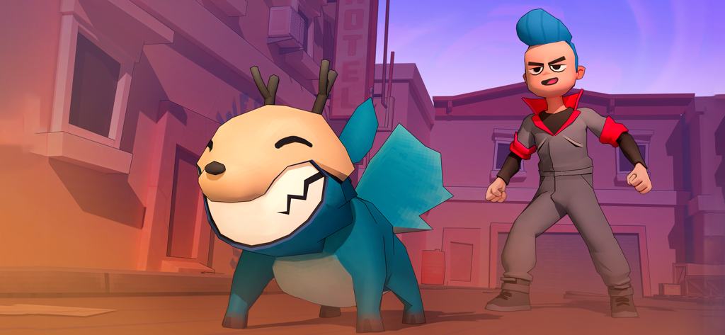 Vortex 9 - shooter games - Ein verrückter Cartoon-Held mit blauen Haaren steht neben einem grinsenden blauen Kreaturen-Helfer auf einer Stadtstraße.