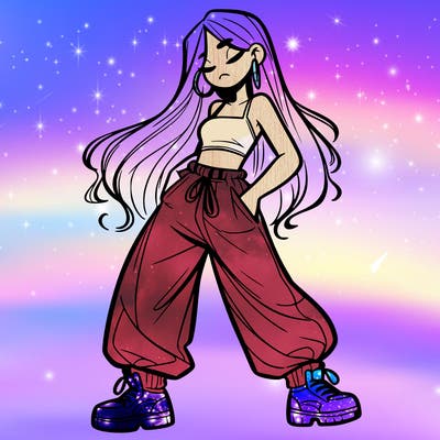 girl in baggy pants crop top and long hair