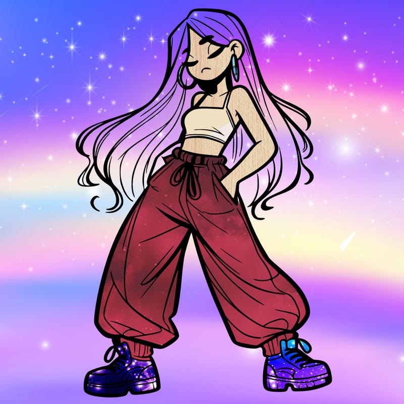 girl in baggy pants crop top and long hair