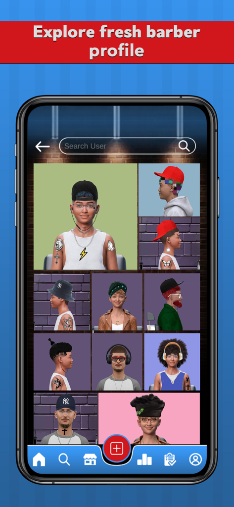 Uma tela de aplicativo móvel mostrando uma grade de perfis de personagens diversos criados por usuários com vários penteados e acessórios.