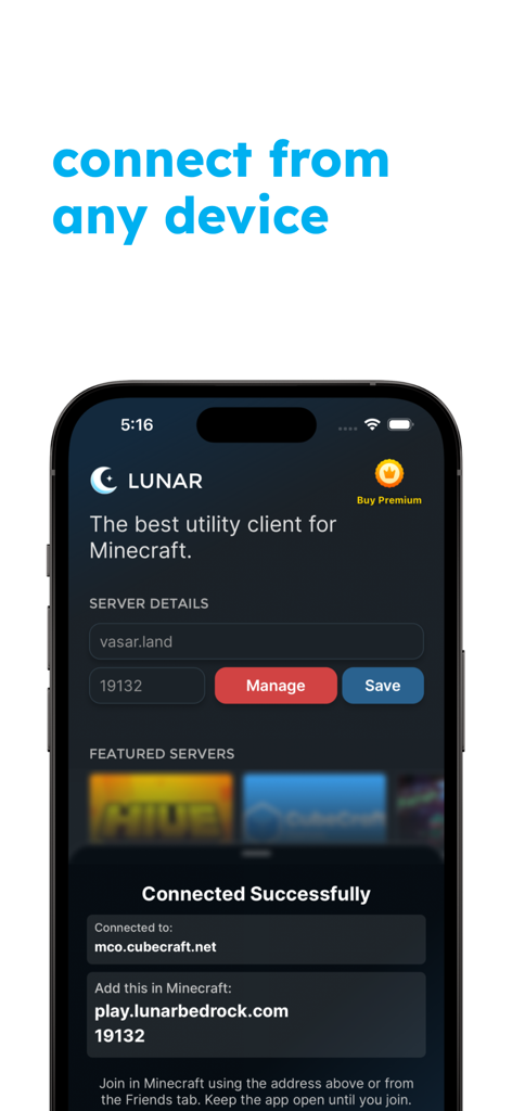 Lunar Proxy for Minecraft: PE - Lunar Proxy mobile app screen showing server details and a successful connection message for Minecraft Bedrock edition