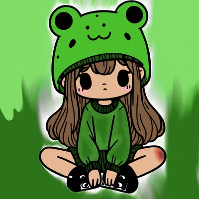 a girl wearing a frog hat and some frog socks