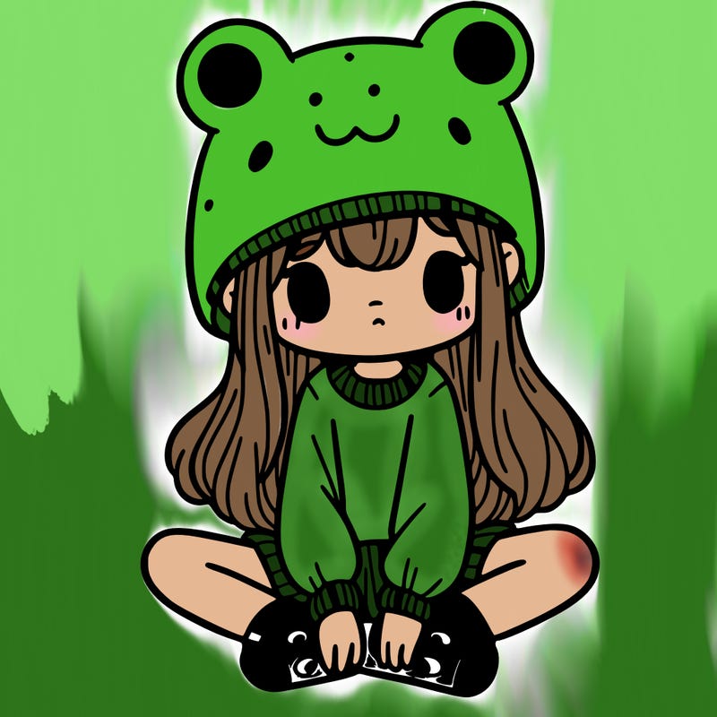 a girl wearing a frog hat and some frog socks