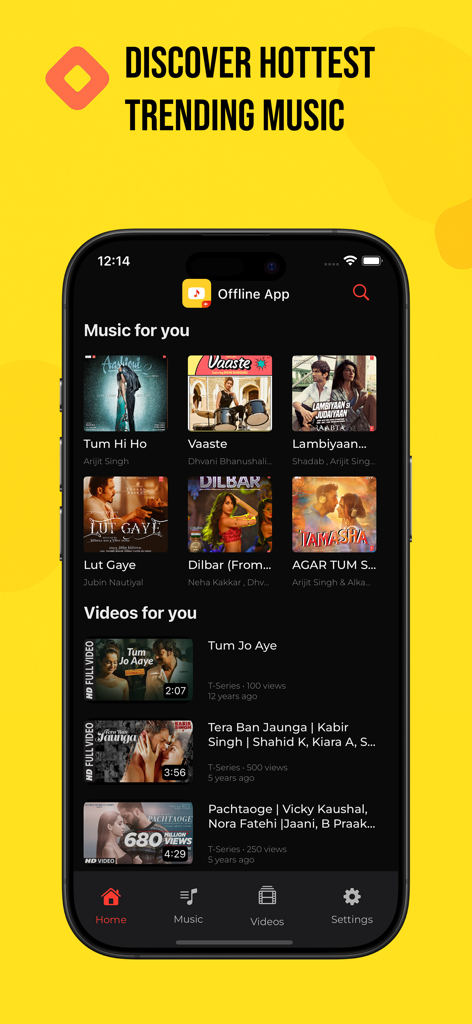 Interface de l'application Stube affichant des listes de lecture musicales tendances et des vidéos recommandées pour la lecture hors ligne.