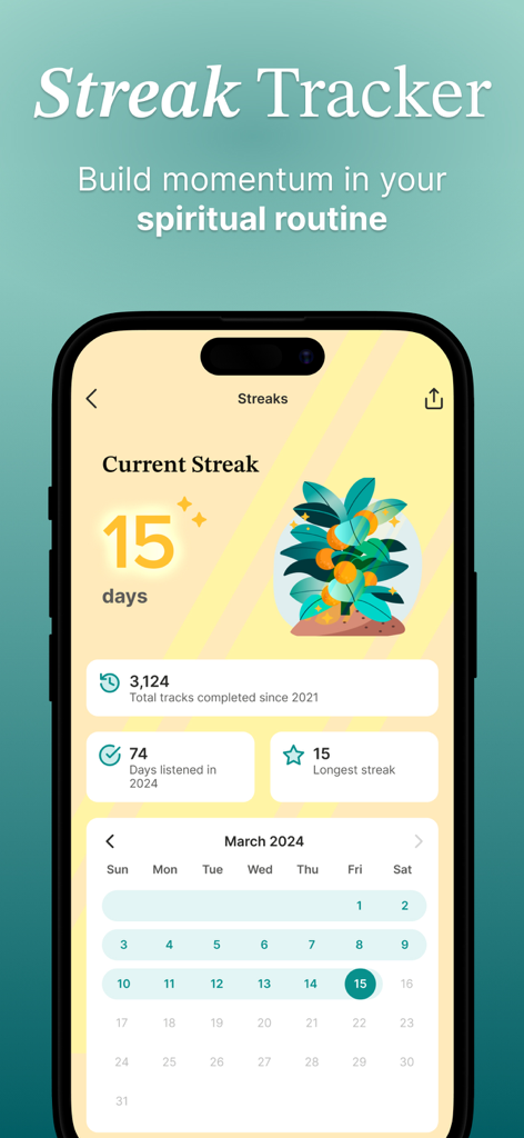 Streak tracker in the Abide app showing a fifteen day current streak and spiritual routine progress