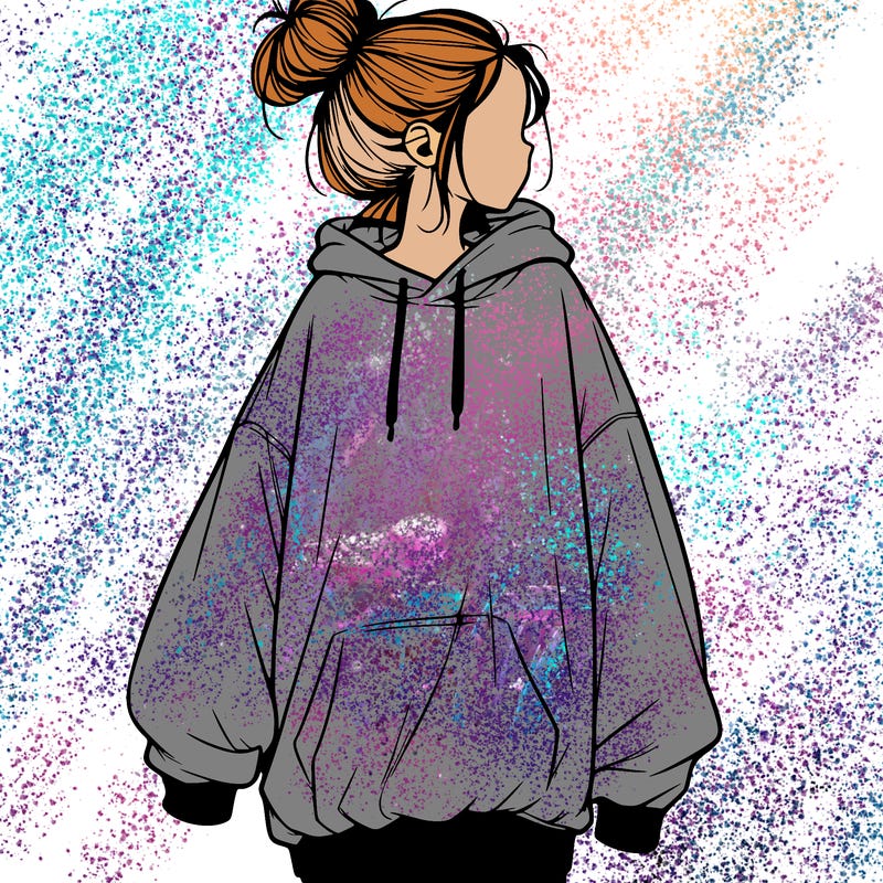 realistic girl with a oversized sweatshirt on and a bun