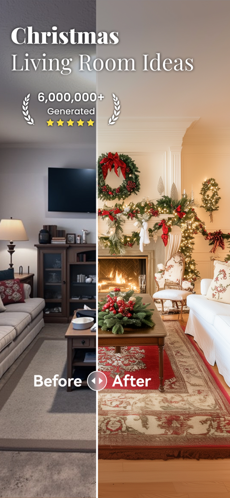 AIによるクリスマスのインテリアデザインのアイデアで変身したリビングルームの、ビフォーアフター比較。