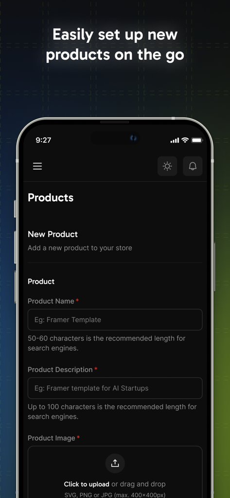 Dodo Payments - Pantalla móvil de la aplicación Dodo Payments que muestra la interfaz para agregar un nuevo producto digital con campos para nombre, descripción e imagen
