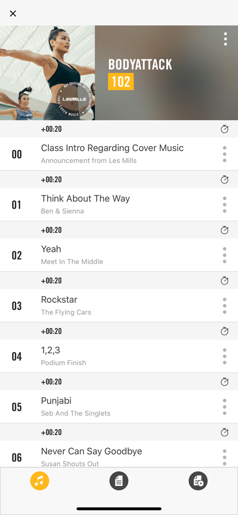 Les Mills Releases - Les Mills Releases 앱 인터페이스에 BODYATTACK 릴리스 102의 트랙 목록이 표시되며, 번호가 매겨진 노래와 아티스트 이름이 포함되어 있습니다.