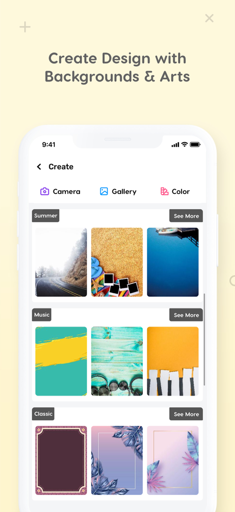 Flyer Maker Poster Design - Interface de l'application Flyer Maker montrant des modèles d'arrière-plan pour les thèmes Musique d'été et Classique