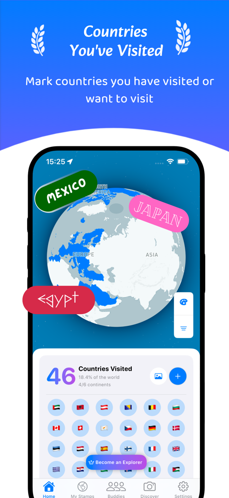 Travu: Countries You've Been - Travu app interface showing a 3D world map with highlighted regions and a travel log displaying 46 visited countries with flags