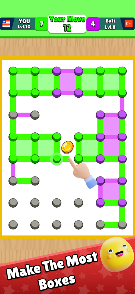 Gameplay of Dots N Numbers showing two players competing to connect dots and form squares on a digital grid.