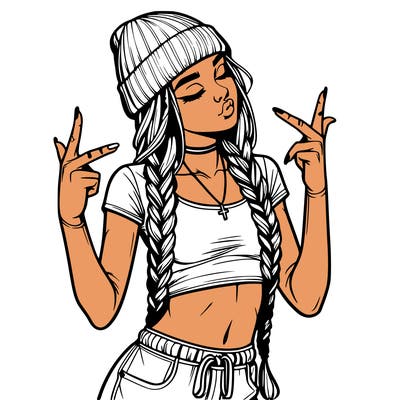 realistic teenage girl with braids and a beanie and crop top doing 🫶🏼