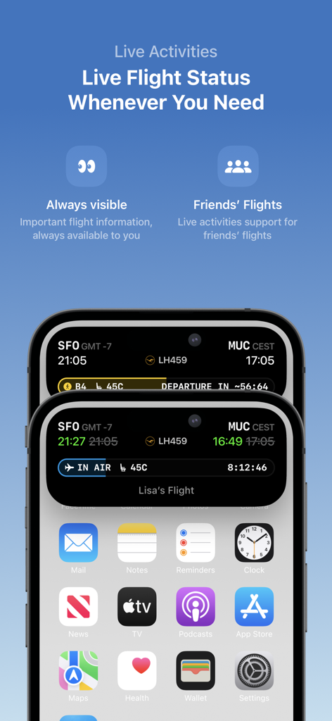 Track Live Flights - Mileways - Mileways app showing live flight status and real-time updates on iPhone lock screen