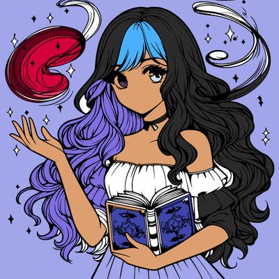 realistic girl with a spell book and magic swirling around her