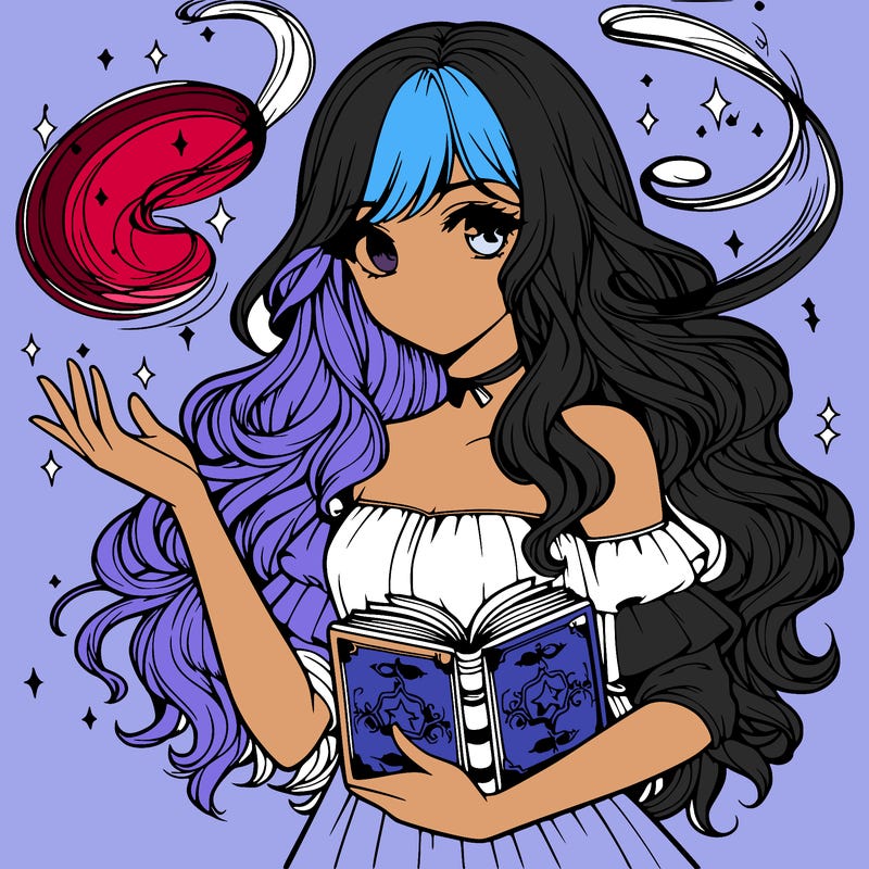 realistic girl with a spell book and magic swirling around her