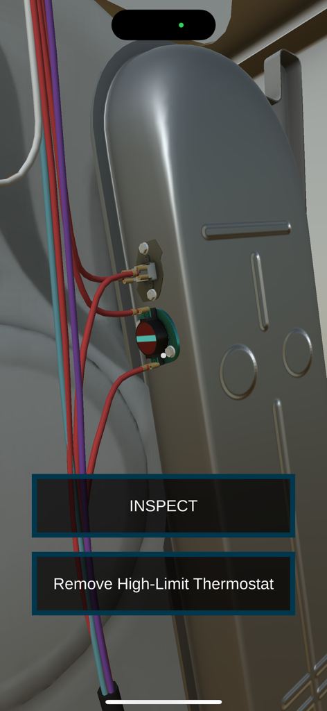 Appliance Repair Sim: Dryer - Interface of the dryer repair simulator showing options to inspect or remove a high-limit thermostat