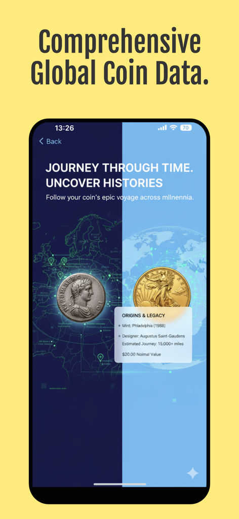 CoinSnap App-Oberfläche, die die globale Münzgeschichte und Ursprünge auf einer Weltkarte anzeigt
